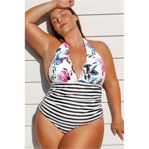 Cupshe Bold Floral and Stripe Halter One Piece - 1X - Picture 1 of 11